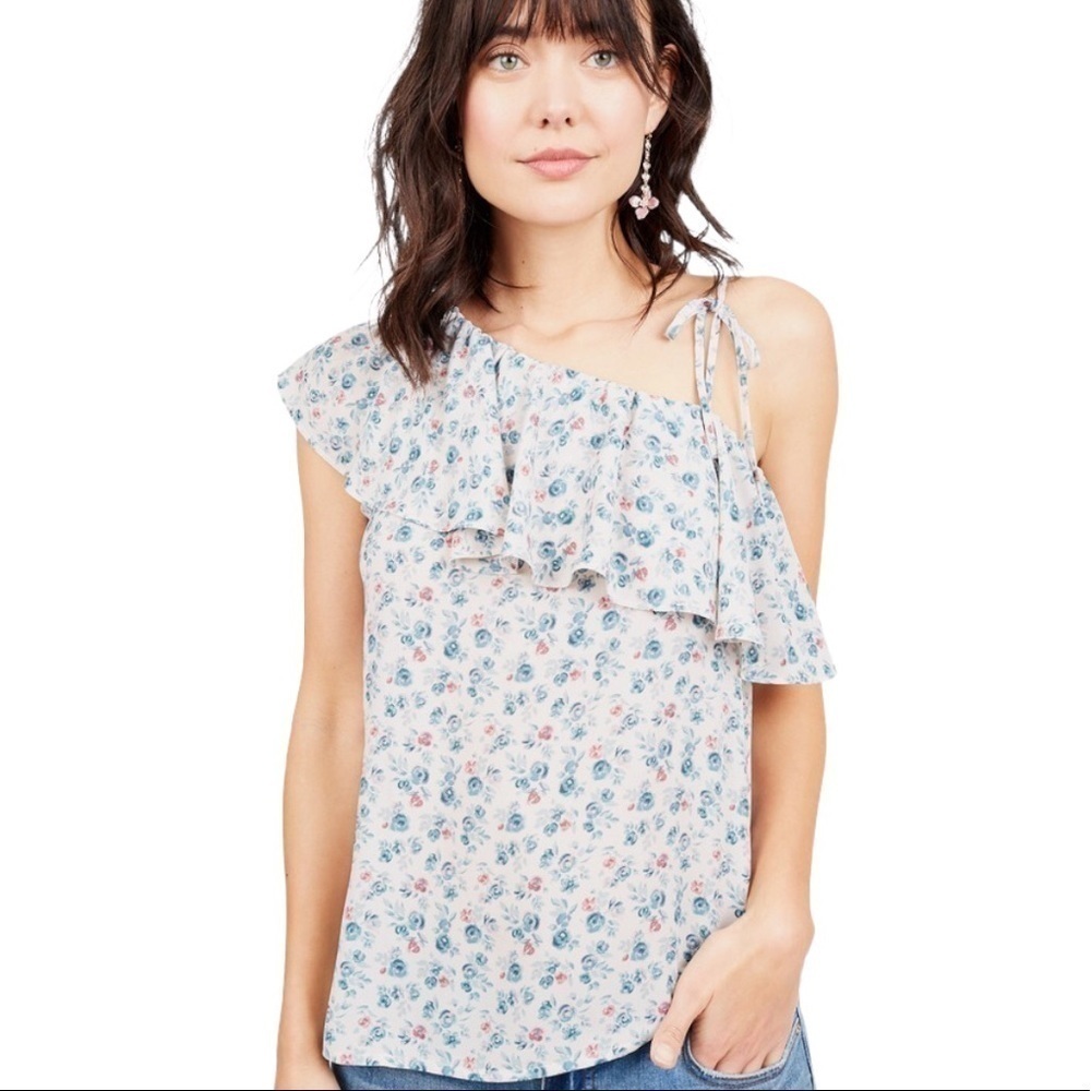 Octavia Bohemian Blue White Floral‎ Print One Shoulder Ruffle Top Small Cottage